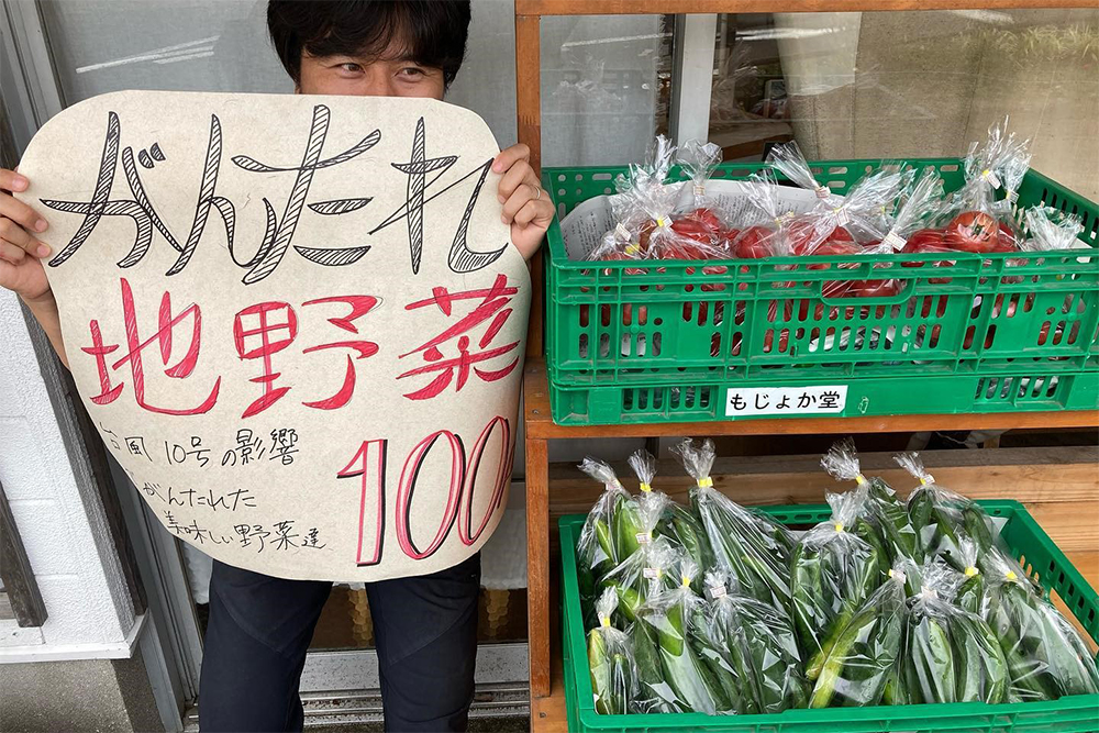 2020年の台風10号の被害を危うく逃れた野菜を特価販売。「がんたれ」とは、水俣の方言で、頑固者・不出来・不恰好の意味。