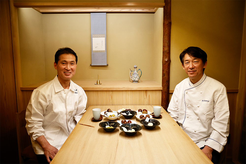 「日本料理 ときわ」西塚茂光さん（左）は、2000年に銀座で「馳走 啐啄（そったく）」を開店。昨年西麻布へ移転し、装いを新たに茶事の心で客をもてなす。「リストランテ フィオッキ」堀川亮さん（右）は25歳で渡伊し、ピエモンテ州やトスカーナ州で修業。2000年祖師ヶ谷大蔵に「フィオッキ」を開店。昨年店内を改装し、テイクアウト、リストランテ、ズッペリアの複合店へと変身した。