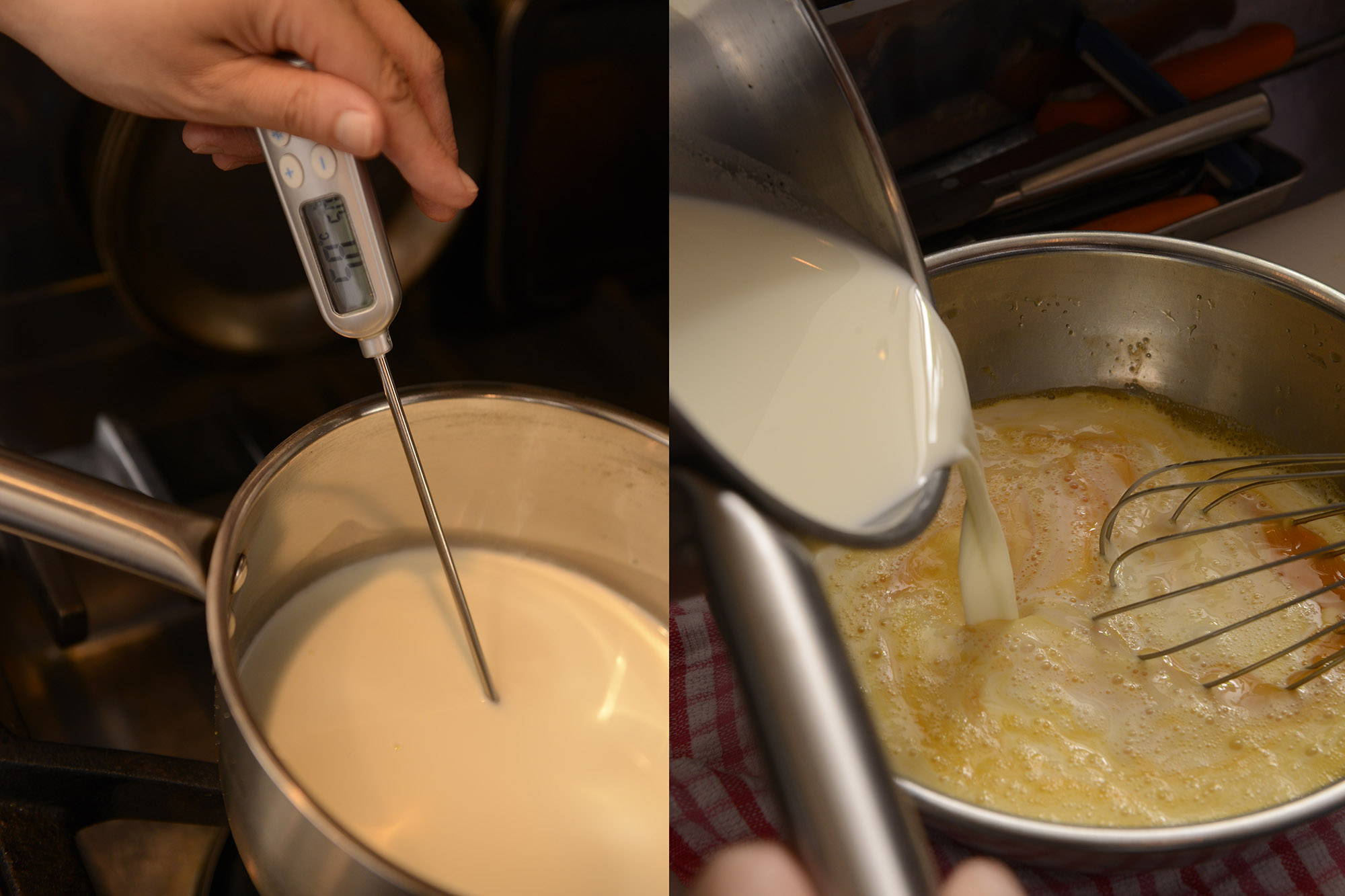 【２】鍋にグラニュー糖20g、牛乳、生クリームを入れ、中火にかけて泡立て器で軽く混ぜながら60℃まで温める。卵のボウルに温めた牛乳を混ぜながら加える。 POINT：牛乳を高温で熱すると風味と味わいを損ねてしまう。温める時は60℃まで、を厳守する。