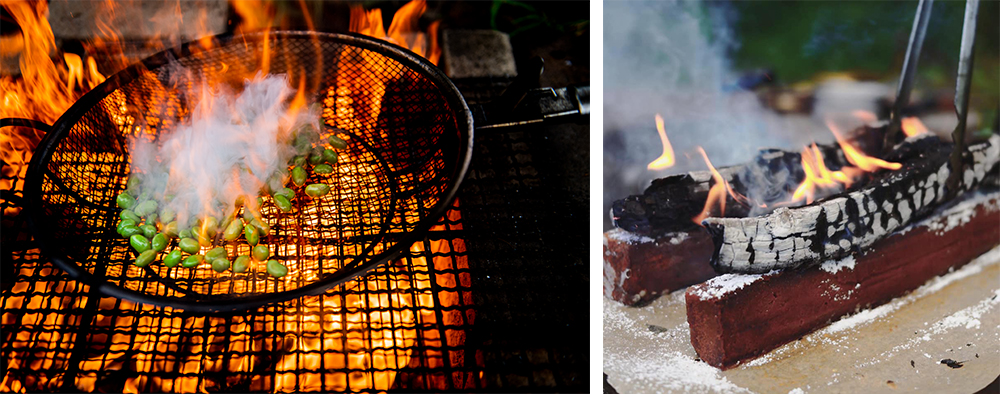 茹でた枝豆を炎で炙る、薪火をケーキに押し当てて表面を焦がすなど、薪火の使い方を開拓してきた。 photograph by Atsushi Kondo（左）, Maruta（右）