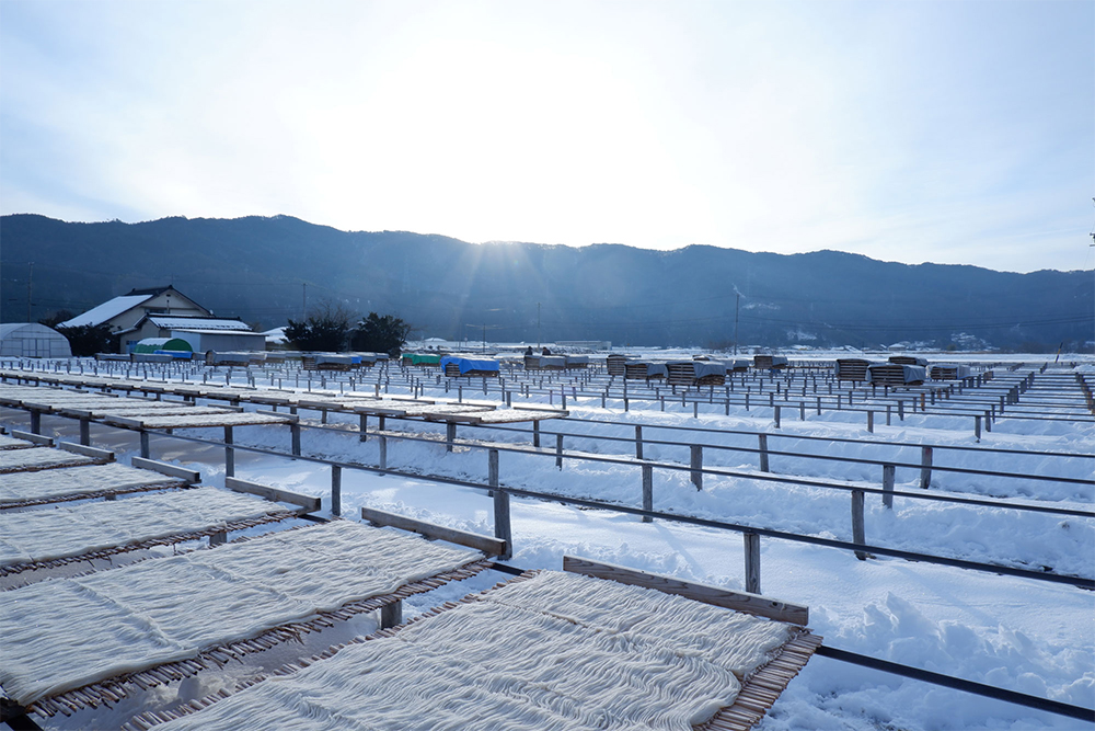 長野県伊那市での寒天干し風景。最適な気象条件が揃うのは12月〜２月ごろだが、現在はほぼ通年天日干し作業を行っているという。