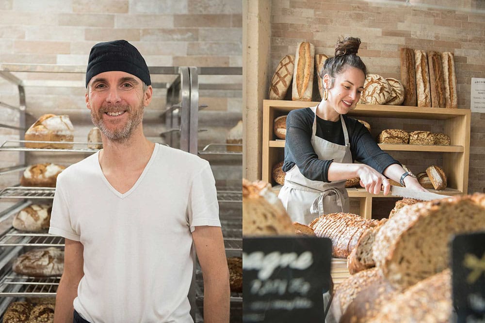 （写真左）マティアス・ヴェルテ（Matthias Velter）さん。不動産関係の仕事に就いた後、パン学校で学びパン職人に。2018年４月に同店をオープン。オーガニック専門店へも卸している。 （写真右）量り売りを中心に約10種のパンとブリオッシュを提案。