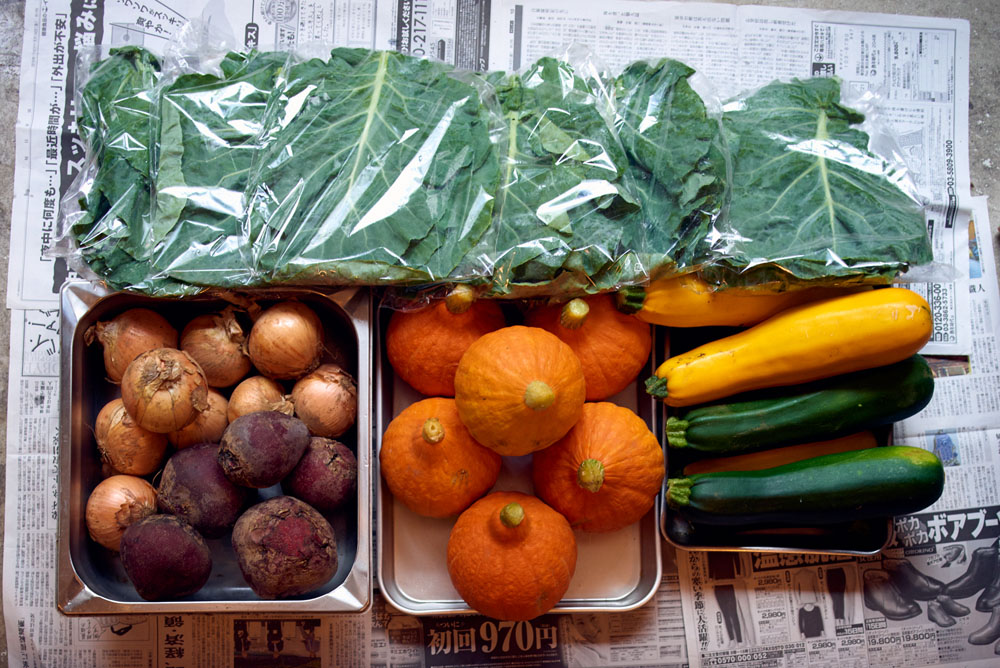 この日は茨城・つくば「ハイブリッヂ農園」の野菜が届いた。緑・黄色ズッキーニが大小７本、加賀カボチャ５～６個、ビーツ５個、タマネギ10個、ケール10袋。１回分、配送代込みで5000円。