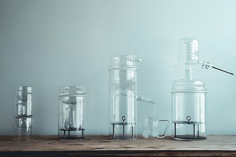 理化学的な冷却システムによる家庭用蒸留器「リカロマ」。理化学ガラス職人が手作りしている。発売以来、数タイプ開発され、最新バージョンはキャンドルで加熱するタイプ。基本形はIH仕様。