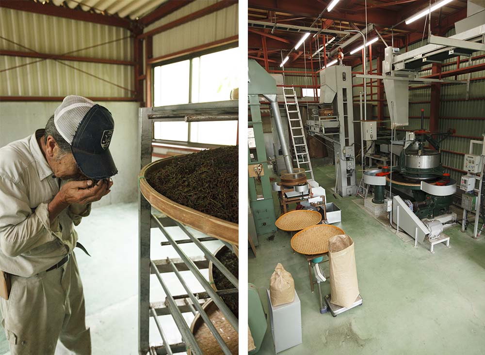 （写真左）発酵は温度が上がりきったら終了。香りは毎回微妙に異なるそうだ。 （写真右）作業中でも工場内に茶葉が散乱することはない。