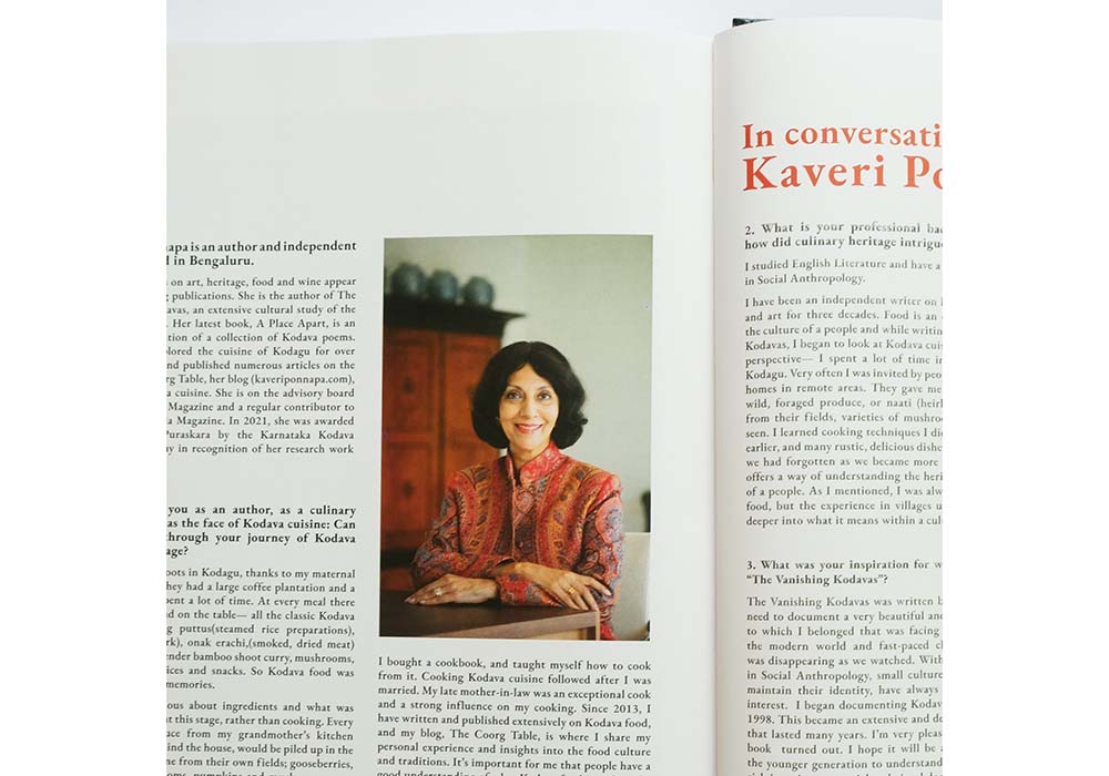 （写真）巻末は、様々な形でカルナータカ料理の普及に貢献している“カリナリーインフルエンサー”のインタビュー集。クールグ文化研究家でライターのカーヴェーリ・ポンナパさんもその１人。