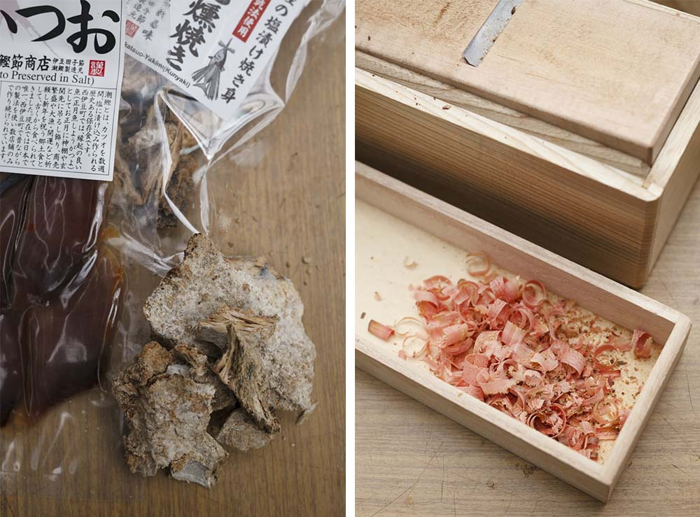 （写真左）潮カツオは生と焼いたものが商品化されている。 （写真右）田子節は色が濃いのが特徴。雑穀入りなど３種を販売。